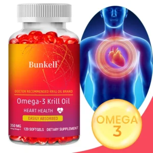 Antarctic Krill Oil 350mg Omega 3 supplement bottle, clearly showing "EPA & DHA Softgels" and "Heart Health" benefits