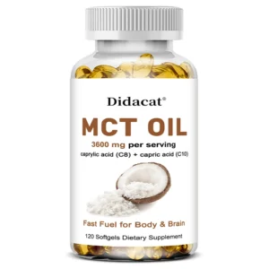 MCT Oil 3600 mg C8 C10 capsules, showing the bottle with clear labeling and a few capsules, emphasizing ketogenic fuel and focus.