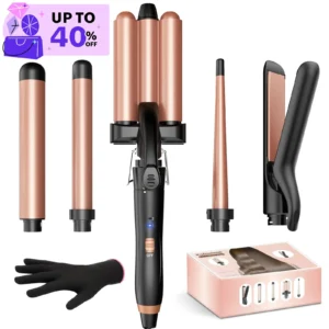 alt="BESTOPE PRO 5-in-1 wand curling iron set featuring 3 interchangeable barrels.