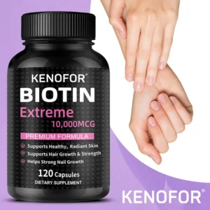 Biotin 10000mcg supplement bottle for hair, skin, and nail health.