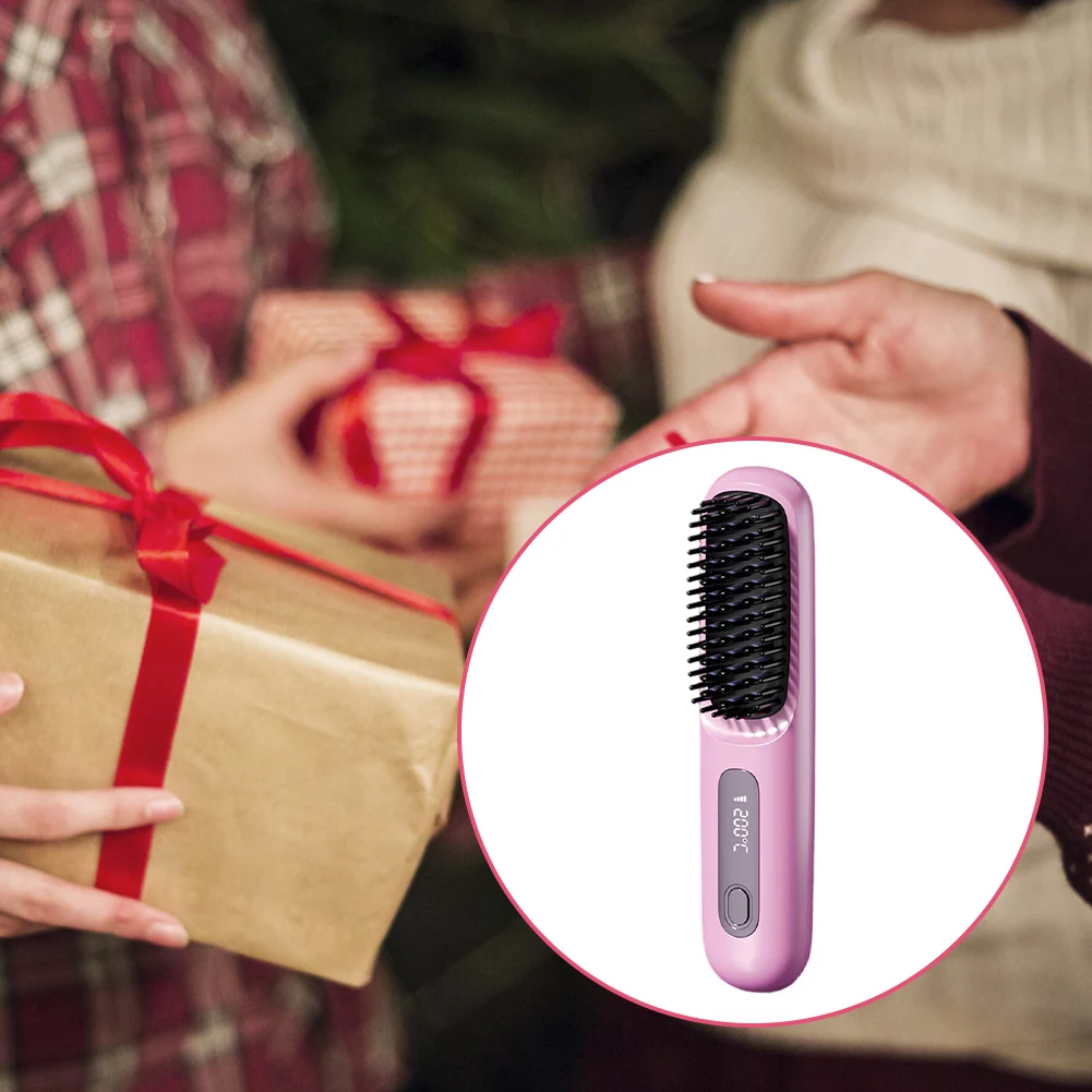 alt="Portable cordless hair straightener brush with 3 adjustable temperature settings.
