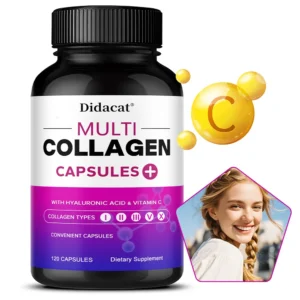alt="5-Type Collagen Complex supplement, enriched with Vitamin C and Hyaluronic Acid.