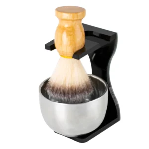 alt="3 In 1 Men Beard Cleaning Tool with Acrylic Stand, Steel Bowl, and Shaving Brush.