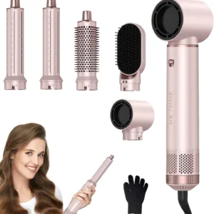 alt="5-in-1 hair dryer and styler set featuring interchangeable heads and negative ion technology.