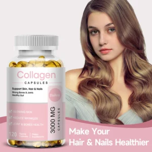 alt="Collagen Complex supplement, enriched with Hyaluronic Acid and Biotin.