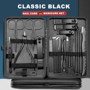 alt="A 23-piece Stainless Steel Nail Cutter and Pedicure Scissors Set, with an Eagle Hook.