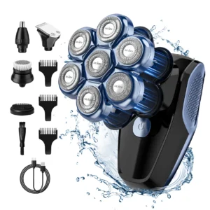 alt="5-in-1 Electric Head Shaver with 7D Floating Cutters for a smooth shave.