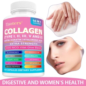 alt="Multi-Collagen Supplement, enriched with Biotin and Hyaluronic Acid.